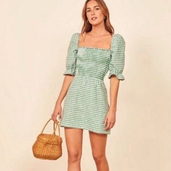 NWOT Reformation Cerise Size Small Smocked Puff Sleeve Linen Dress Green White - Picture 9 of 9